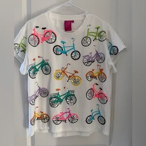 QUEEN OF SPARKLES White Tee with Colorful Bicycle Print
